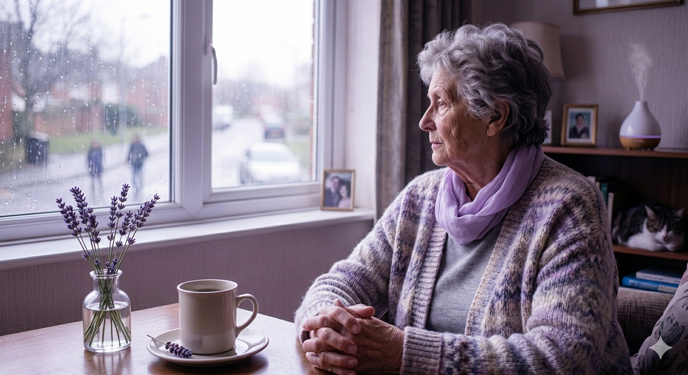 Elderly woman sitting alone at home, looking out the window
