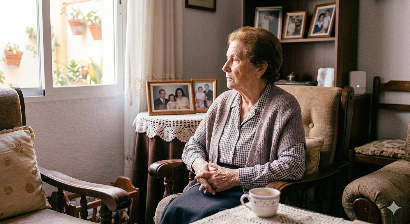 Mujer mayor sentada sola en casa, mirando por la ventana