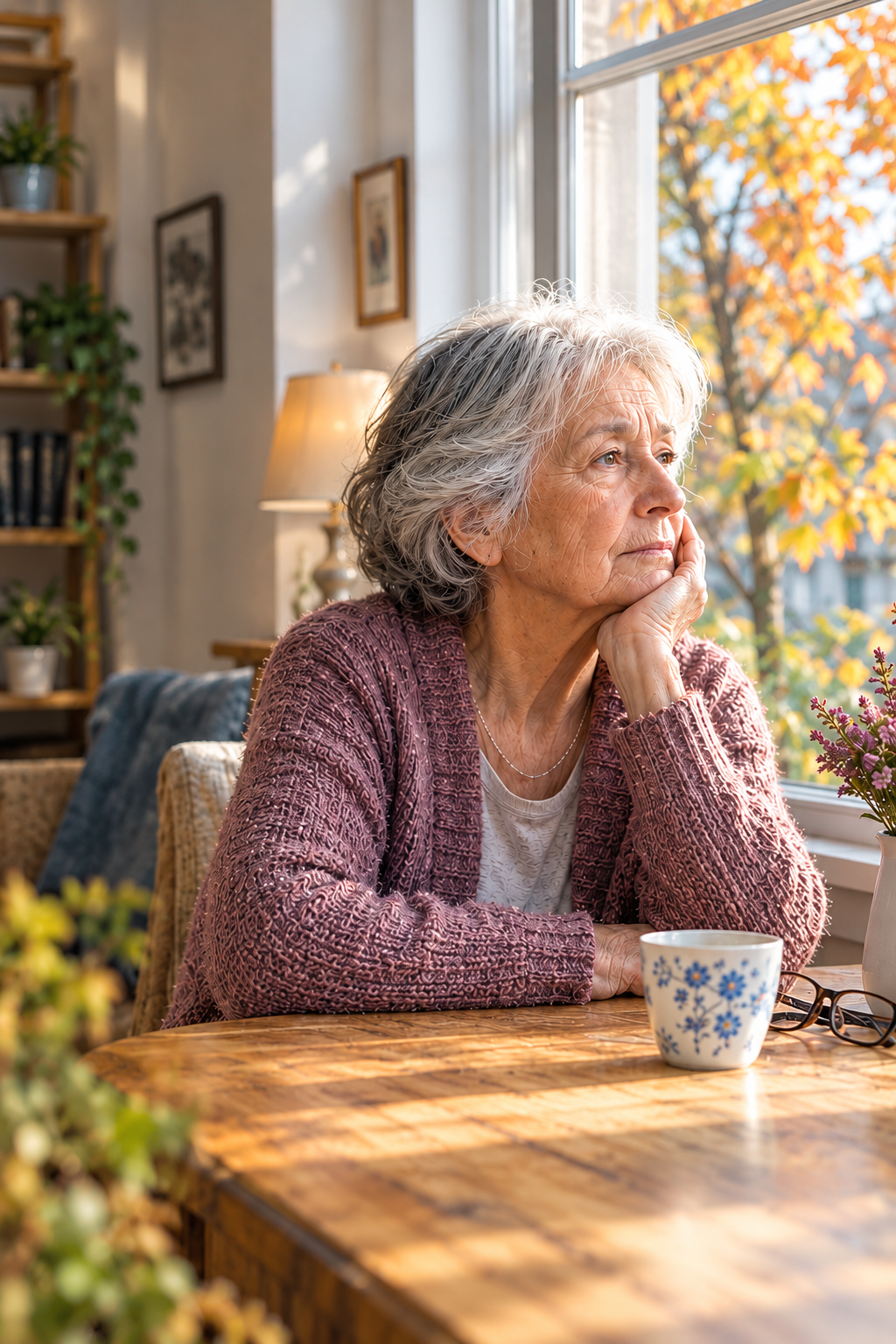 Femme âgée regardant par la fenêtre en automne. Campagne Automne CuidadIA : le silence rentre à la maison