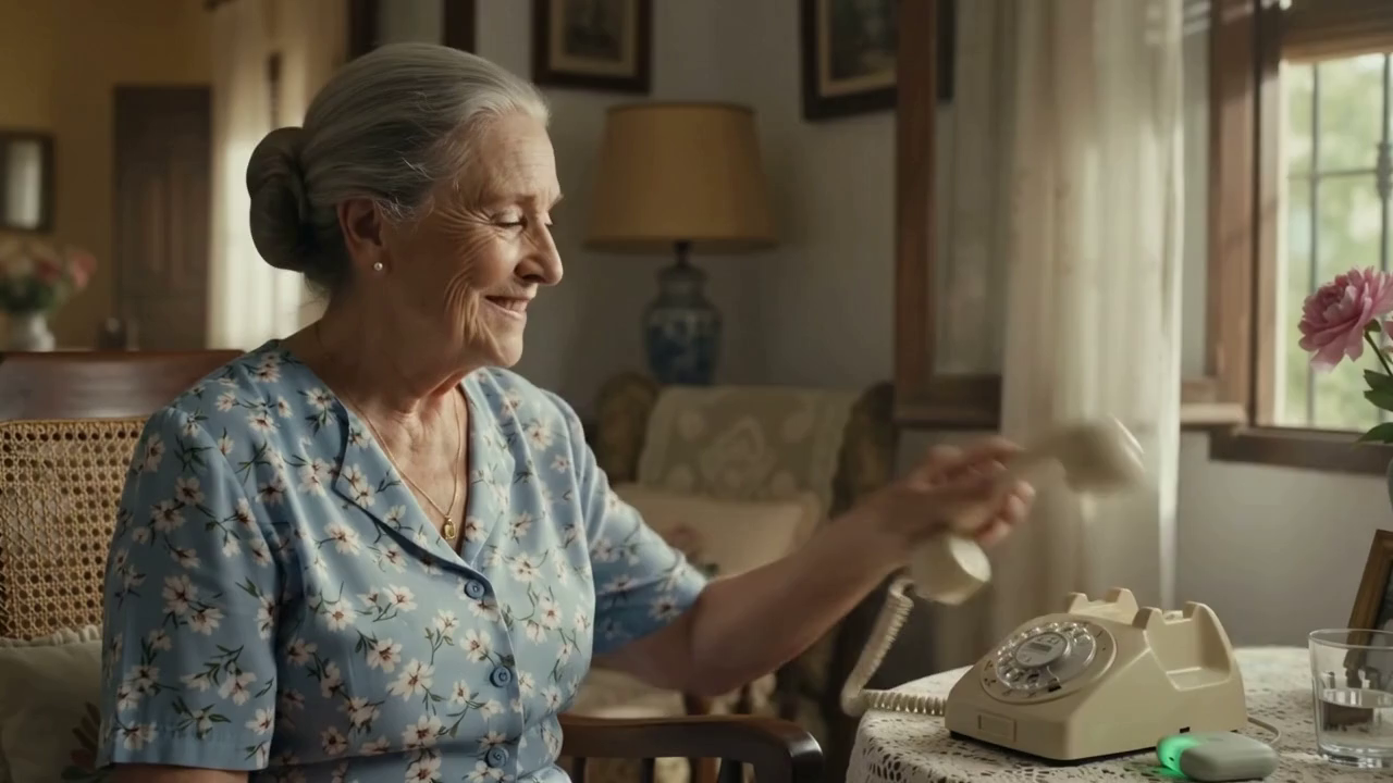 Una mujer mayor sonríe mientras habla por teléfono con ANA